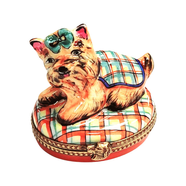 Terrier Dog Plaid Elegance Box Porcelain Limoges dog French Trinket Box