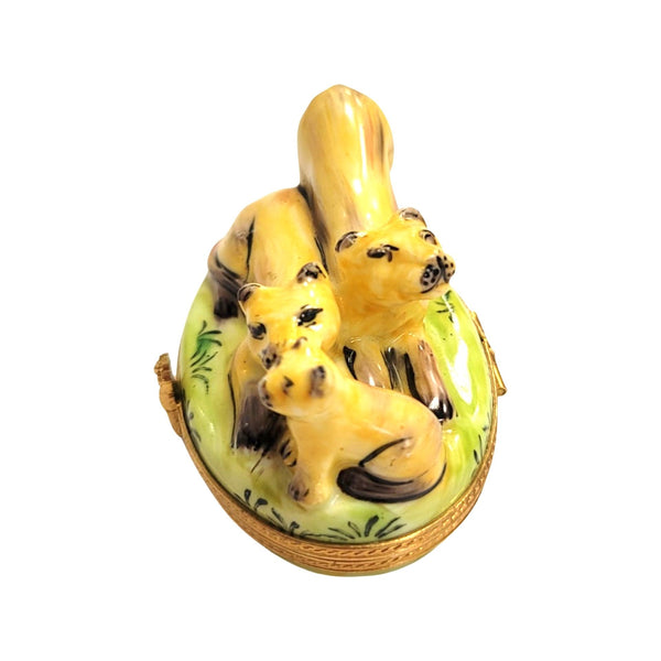 Three Majestic Mountain Lions Porcelain Limoges cat wild French Trinket Box