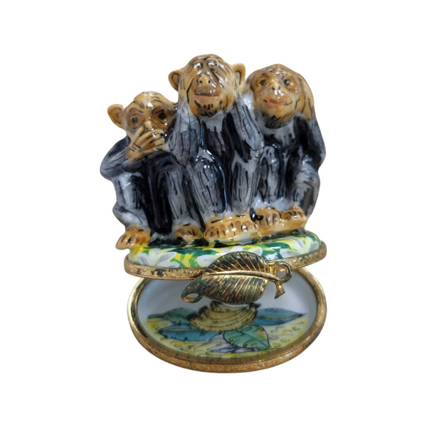 Three Wise Monkeys Figurine Porcelain Limoges wild animals religion French Trinket Box