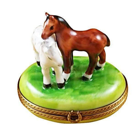 Two Horses on Small Oval Porcelain Limoges farm horse French Trinket Box