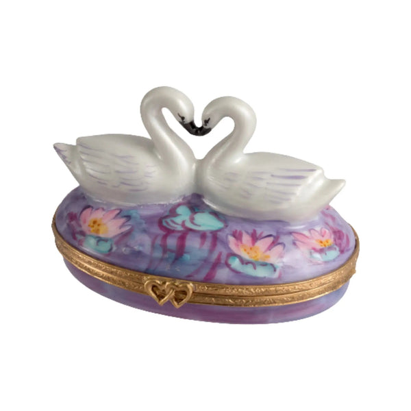 Two Swans On Waterlilies Porcelain Limoges bird birds French Trinket Box