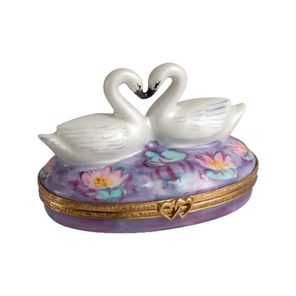 Two Swans On Waterlilies Porcelain Limoges bird birds French Trinket Box