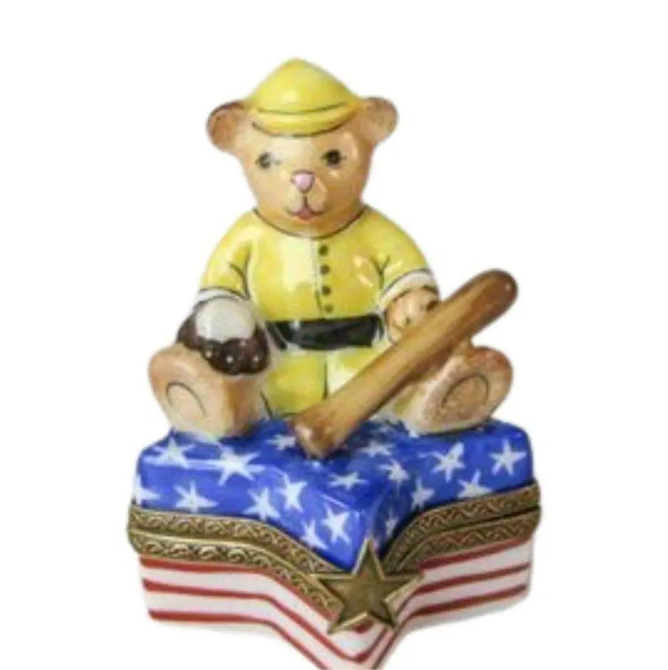 USA Teddy Bear Baseball Star Porcelain Limoges Teddy united states sports French Trinket Box
