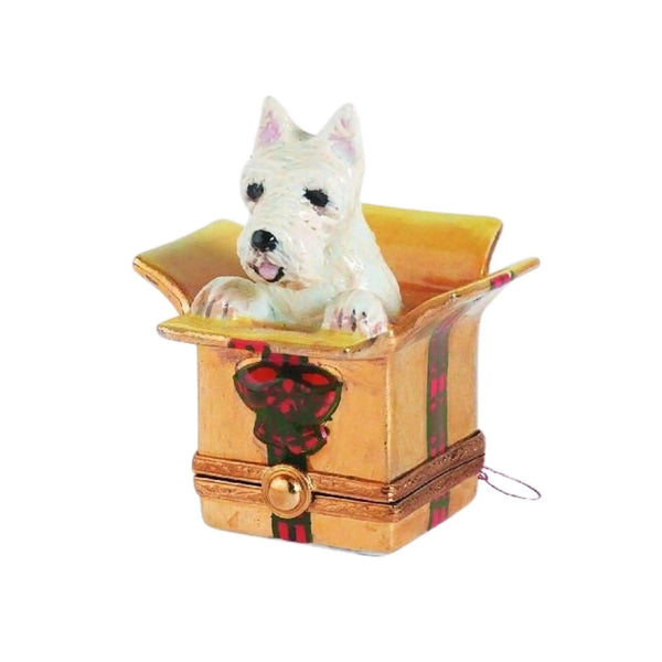 Westie Dog In Christmas Present Porcelain Limoges xmas theme dog dogs French Trinket Box