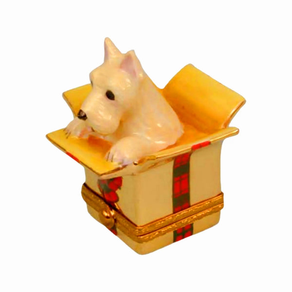 Westie Dog In Christmas Present Porcelain Limoges xmas theme dog dogs French Trinket Box