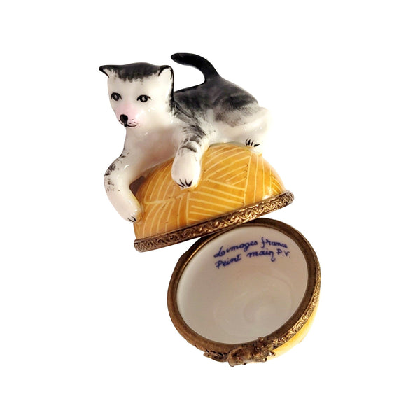 Whimsical Cat Yarn Delight Porcelain Limoges Cat French Trinket Box