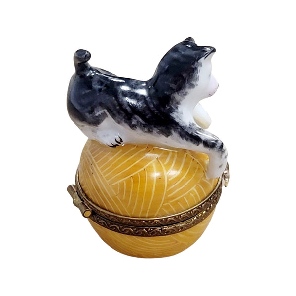 Whimsical Cat Yarn Delight Porcelain Limoges Cat French Trinket Box