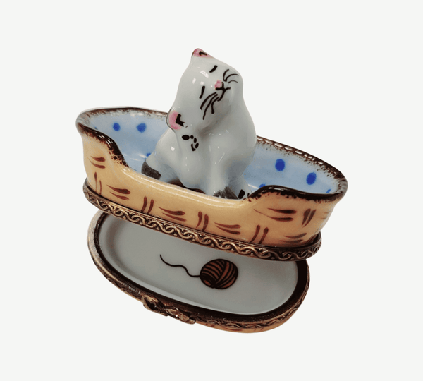 White Cat in Blue Basket Porcelain Limoges French Trinket Box