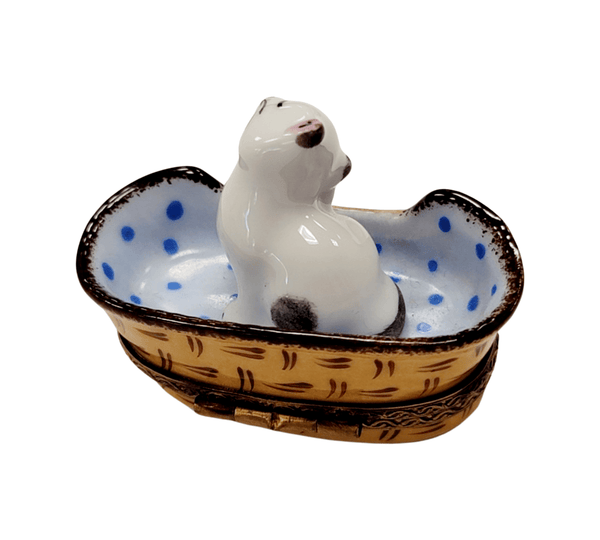 White Cat in Blue Basket Porcelain Limoges French Trinket Box