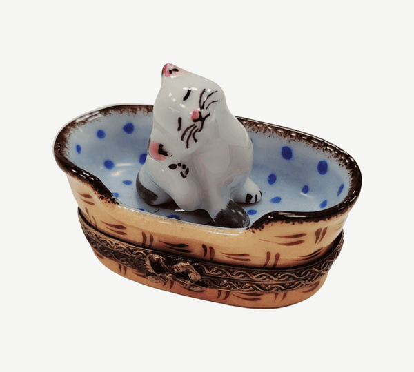 White Cat in Blue Basket Porcelain Limoges French Trinket Box