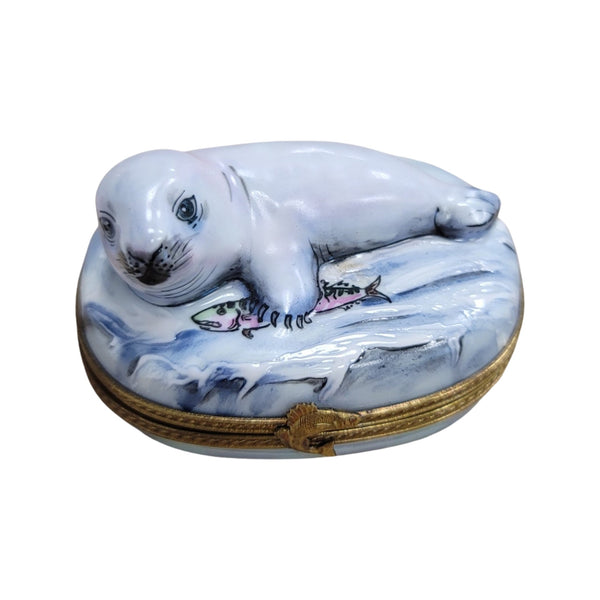 White Sea Lion Limoges Box Porcelain Limoges fish ocean beach LIMOGES BOXES winter French Trinket Box