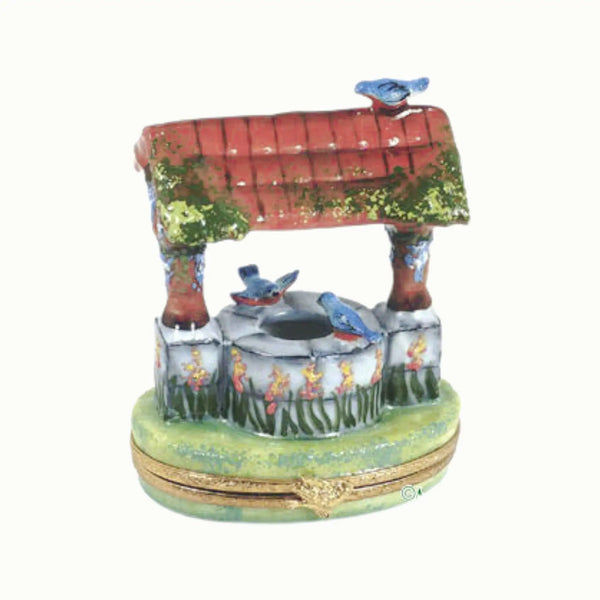 Wishing Well w Blue Birds Porcelain Limoges Garden Flowers French Trinket Box