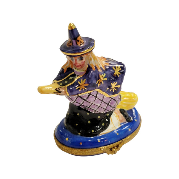 Witch on Broom Figurine Porcelain Limoges halloween French Trinket Box