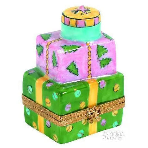 Xmas Presents: Pink And Green Porcelain Limoges xmas theme French Trinket Box