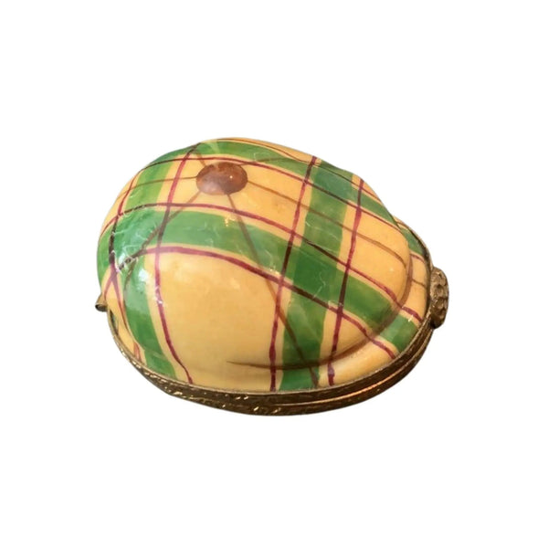 Yellow Green Plaid Golf Hat Porcelain Limoges Limoges Boxes sports French Trinket Box
