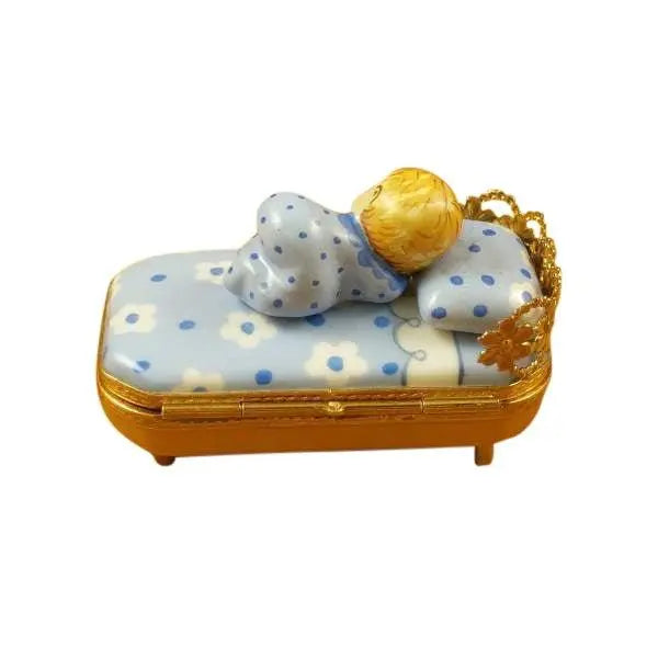 Baby in Blue Bed with Pacifier Porcelain Limoges Babies Figurine French Trinket Box