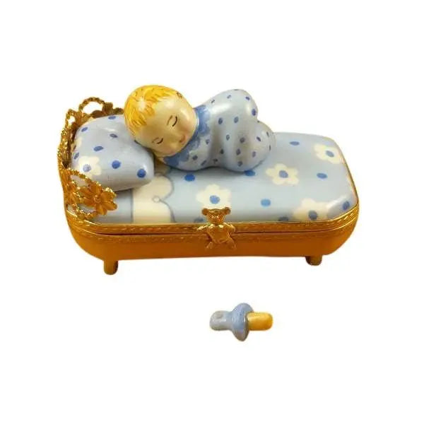 Baby in Blue Bed with Pacifier Porcelain Limoges Babies Figurine French Trinket Box