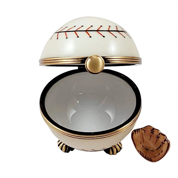 Baseball on Stand with a Removable Baseball Glove.. Porcelain Limoges sports limoges boxes French Trinket Box
