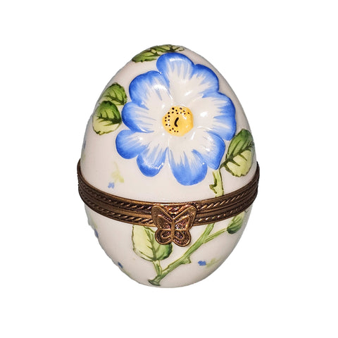 Beige Egg with Blue Flower Porcelain Limoges egg French Trinket Box