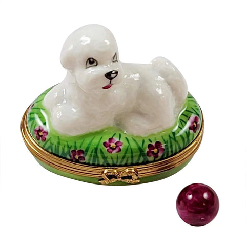 Bichon Frise Dog Lying w Ball Porcelain Limoges dog Rochard Limoges Box French Trinket Box