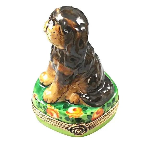 Black and Tan King Charles Spaniel Dog Porcelain Limoges Dog French Trinket Box