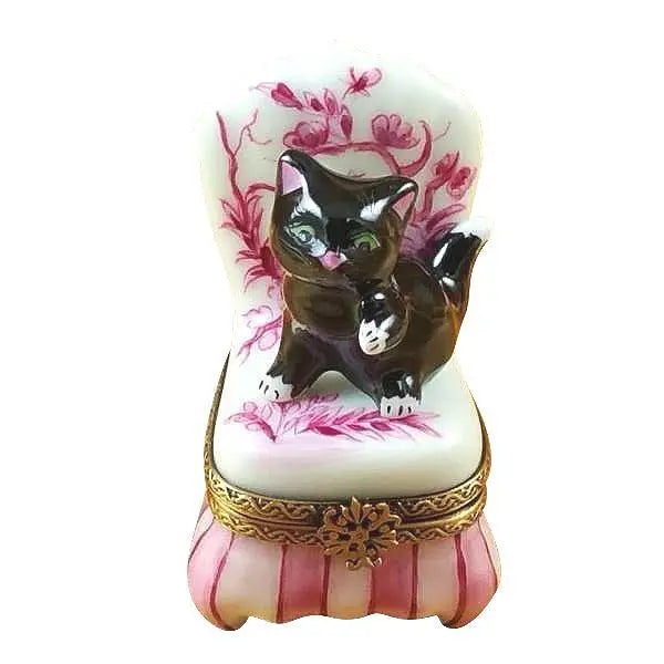 Black Cat on Toile Chair Porcelain Limoges Cat furniture French Trinket Box
