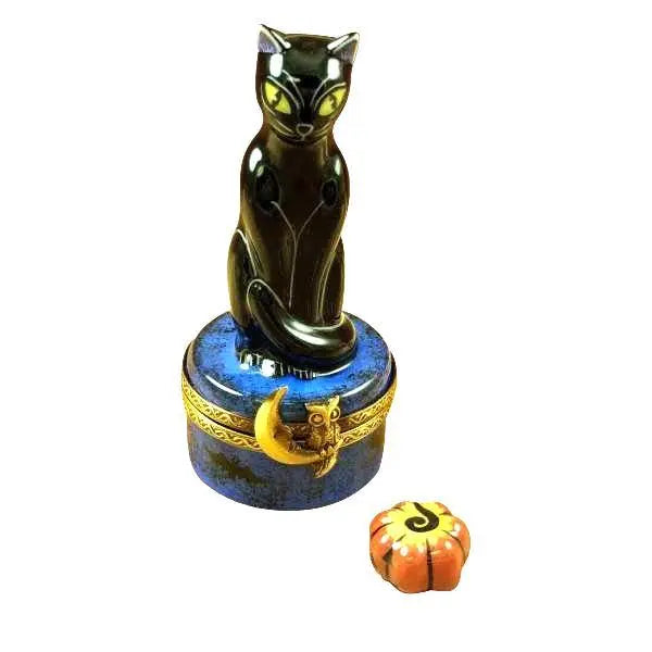 Black Halloween Cat on Night with Jackolantern Porcelain Limoges Cat halloween French Trinket Box