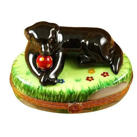 Black Lab Dog with Ball Porcelain Limoges Dog French Trinket Box