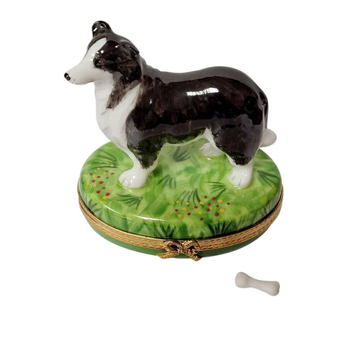 Black & White Collie Dog with Removable Bone Porcelain Limoges dog French Trinket Box