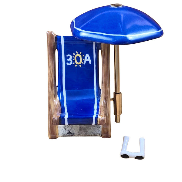 Blue Beach Chair w Removable Umbrella Porcelain Limoges beach ocean French Trinket Box
