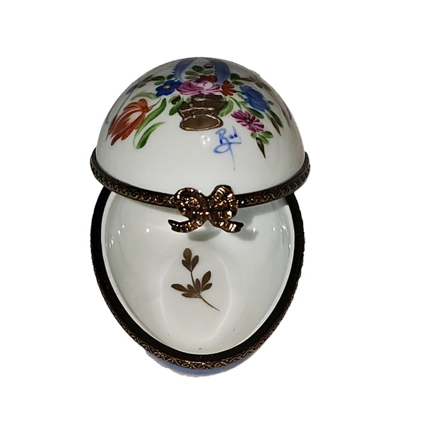 Blue Egg With Floral Bow Porcelain Limoges Egg French Trinket Box