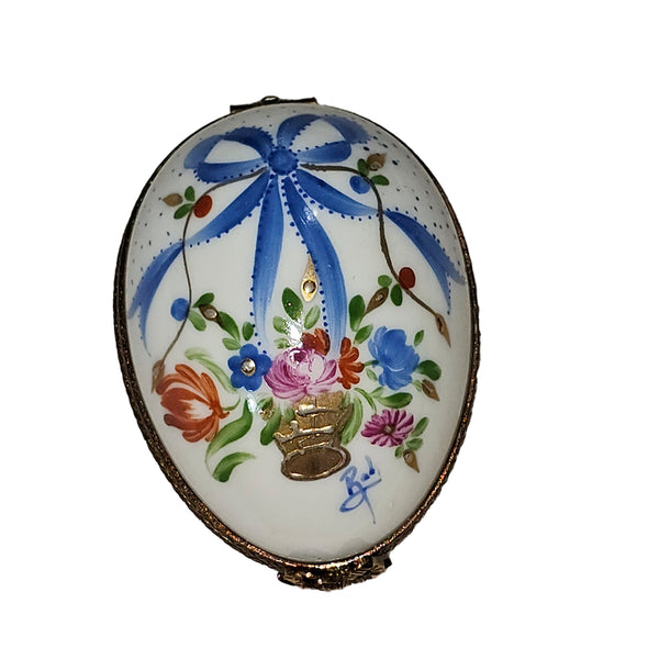 Blue Egg With Floral Bow Porcelain Limoges Egg French Trinket Box