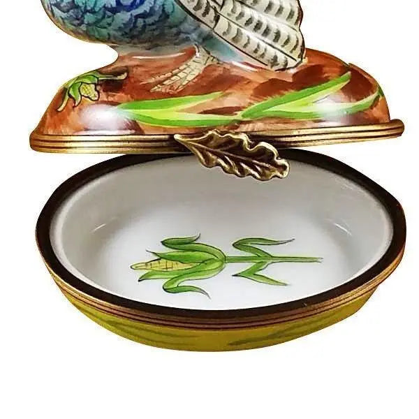 Blue Turkey with Cornstalk Porcelain Limoges Thanksgiving Farm Bird French Trinket Box