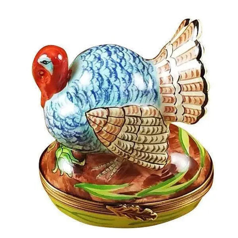 Blue Turkey with Cornstalk Porcelain Limoges Thanksgiving Farm Bird French Trinket Box