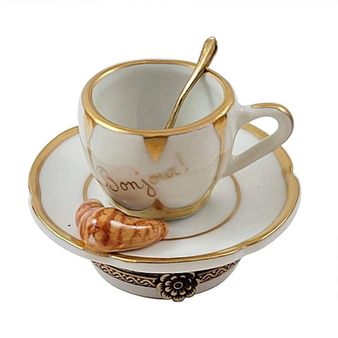 Bonjour Cup of Coffee w Croissant Porcelain Limoges Home Food French Trinket Box