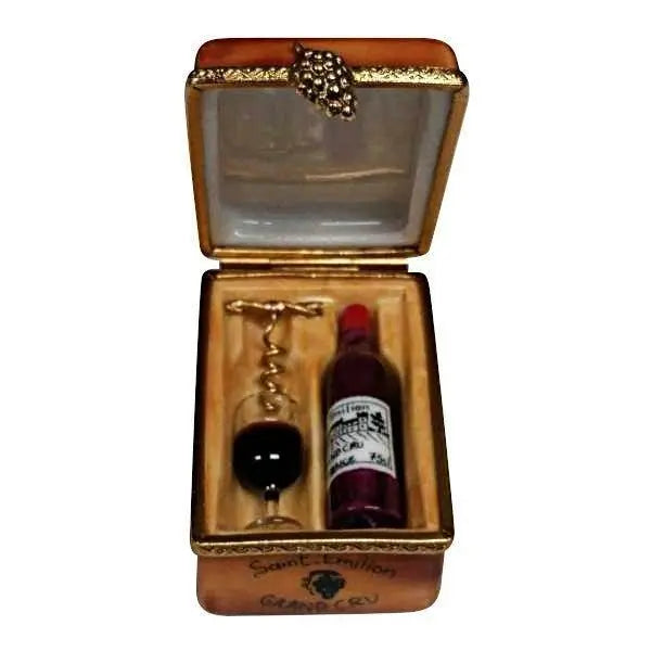 Bourdeaux Tasting Crate with 1 Bottle, Glass and Cork Screw Porcelain Limoges wine French Trinket Box