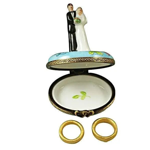 Bride and Groom with 2 Removable Rings Porcelain Limoges wedding anniversary French Trinket Box