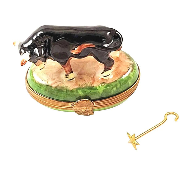 Bull Cow w Branding rod Porcelain Limoges farm animals French Trinket Box