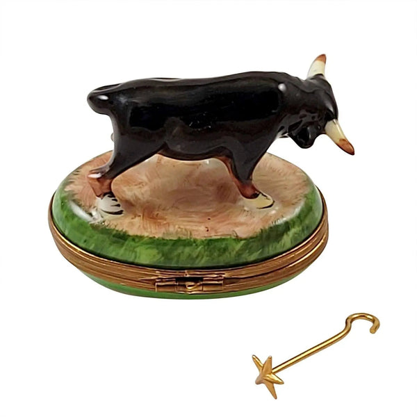 Bull Cow w Branding rod Porcelain Limoges farm animals French Trinket Box