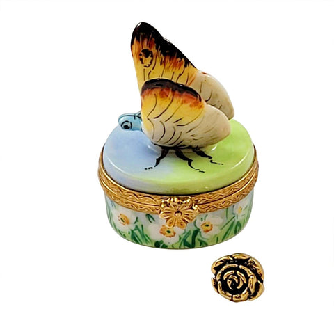 Butterfly with Removablle Brass Flower Porcelain Limoges Butterfly French Trinket Box