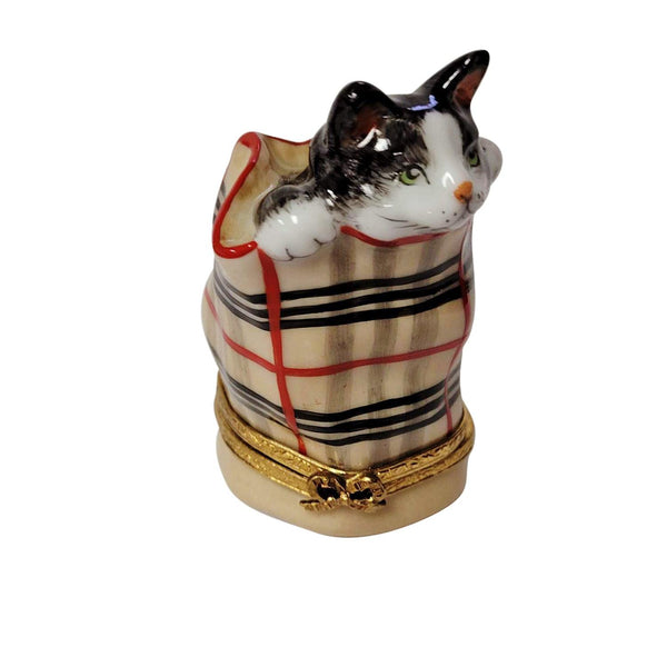 Cat In Berberry Bag with a Ball Of Yarn Porcelain Limoges bag Rochard Limoges Box cat French Trinket Box