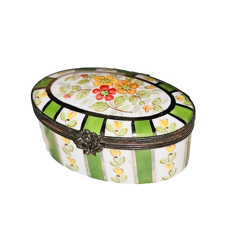 Charming Green Striped Floral Box Porcelain Limoges traditional French Trinket Box