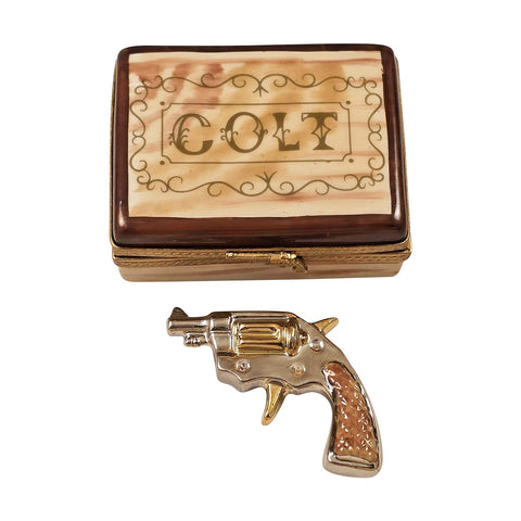 Colt Revolver in Case Porcelain Limoges United States Men Sports French Trinket Box