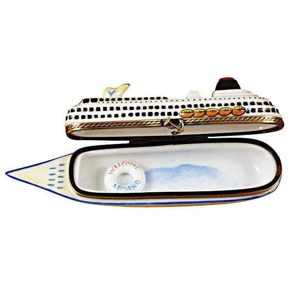 Cruise Ship with Life Buoy Porcelain Limoges travel vehicle beach French Trinket Box