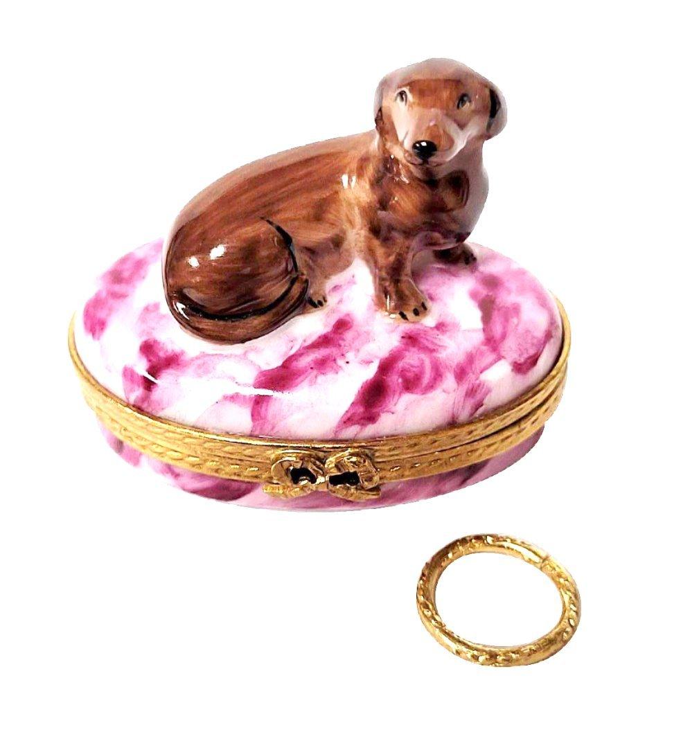Dachshund with Removable Brass Dog Collar Porcelain Limoges dog French Trinket Box