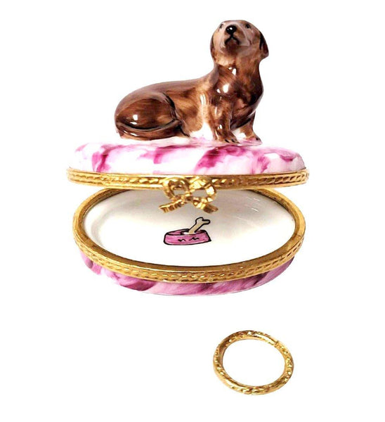 Dachshund with Removable Brass Dog Collar Porcelain Limoges dog French Trinket Box
