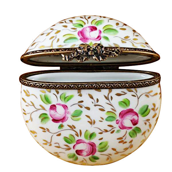 Round Gold and Pink Flowers Limoges Box inside