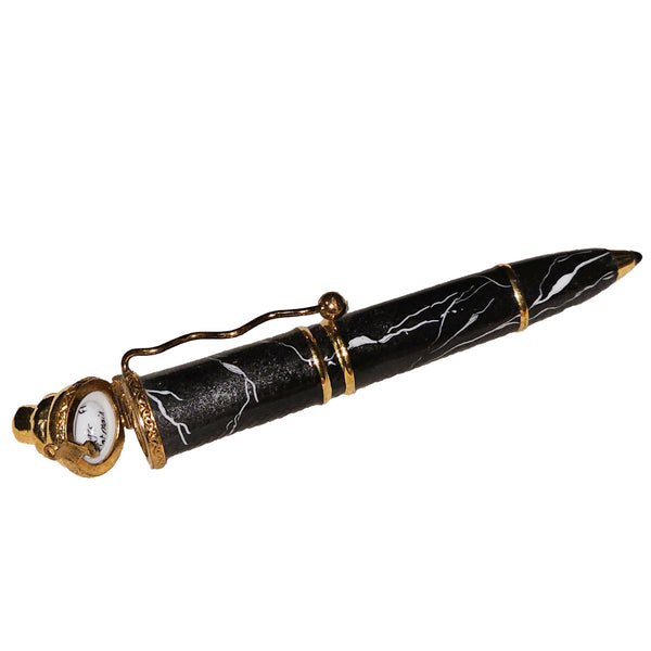 Elegant Black Marble Ballpoint Pen Porcelain Limoges professional French Trinket Box