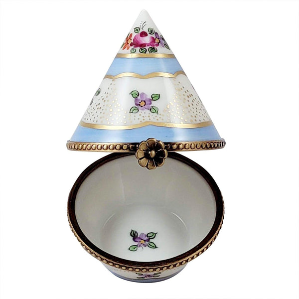 Floral Light Blue & Gold Cone Shape Porcelain Limoges traditional French Trinket Box