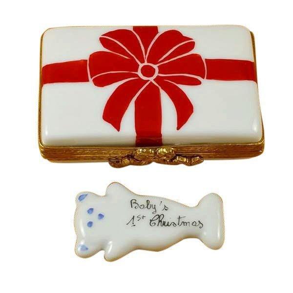 Gift with Red Bow - Baby's First Christmas - Blue Porcelain Limoges xmas theme French Trinket Box